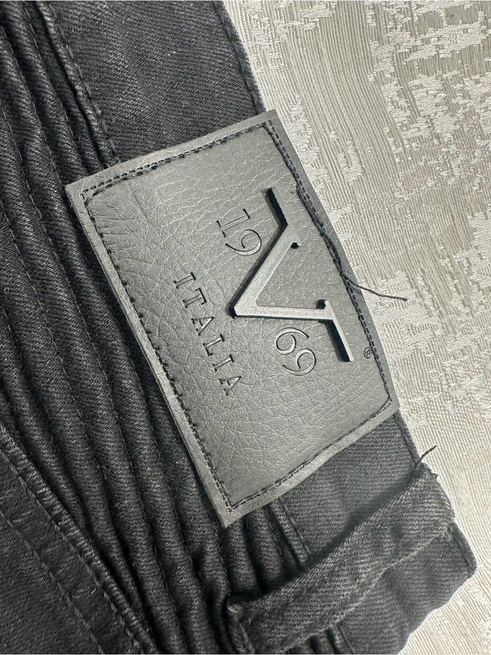 Black Ribbed Casual Pants with Logo Patch